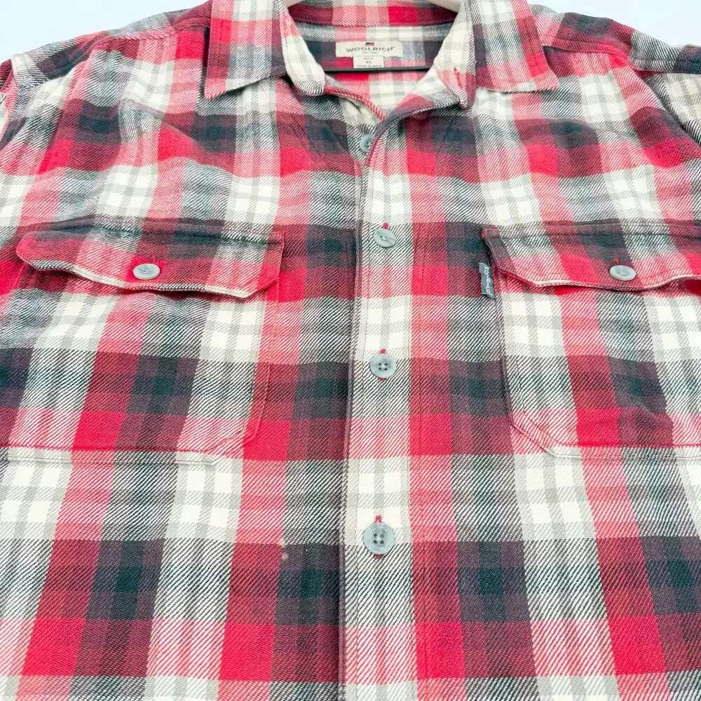 Woolrich Mens XL Flannel Shirt Red Black Plaid Heavy Cotton Elbow Patches FLAWED - Picture 14 of 15